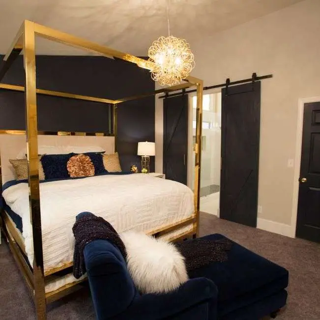 White, Gold, and black bedroom

