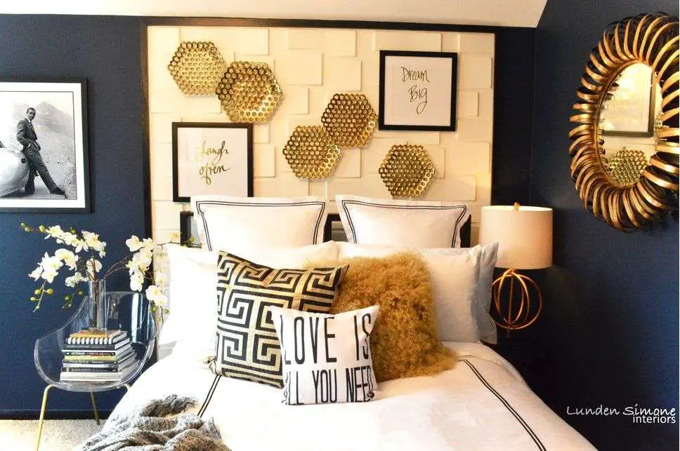 Gold and blue bedroom