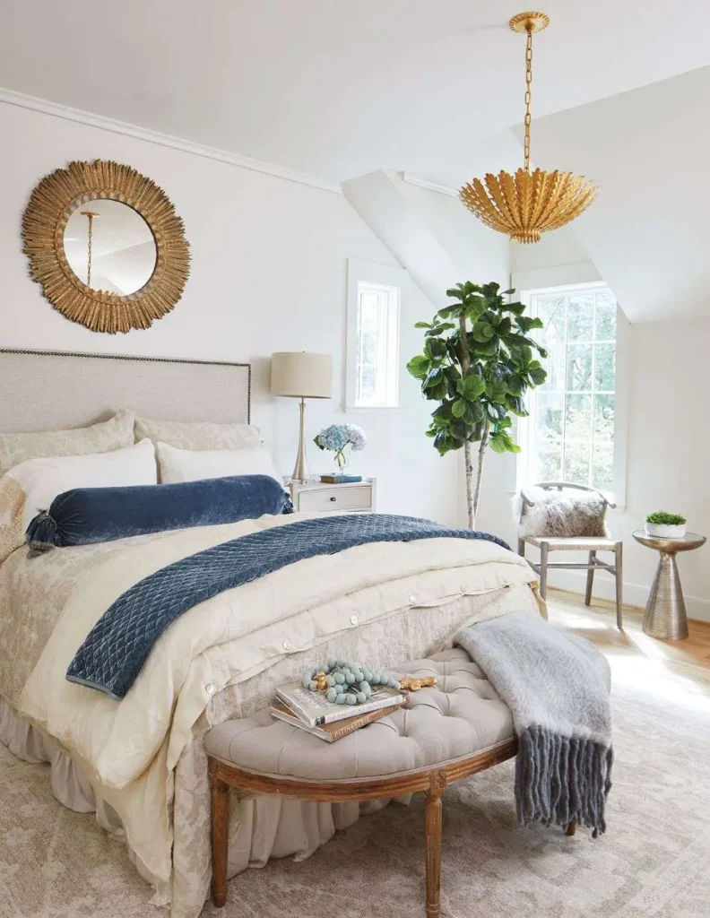 Bliue, cream, and gold bedroom 
