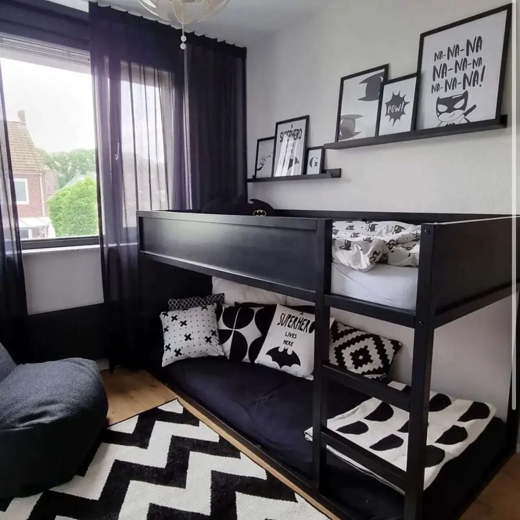 black and white rug in bedroom