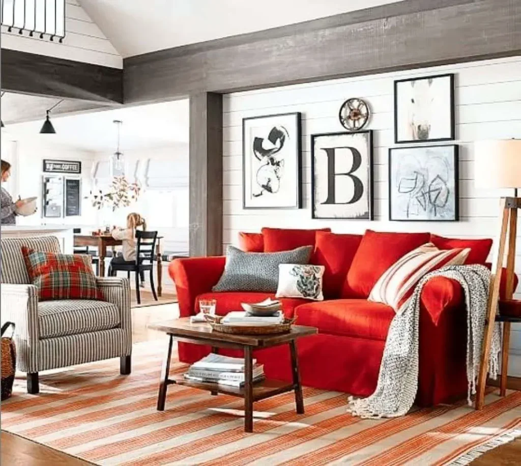 Modern grey and red living room